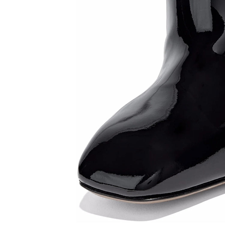 Black Patent Leather Block Heel Braided Strap Knee High Boots