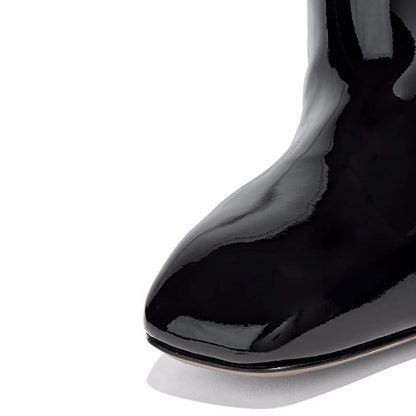 Black Patent Leather Block Heel Braided Strap Knee High Boots