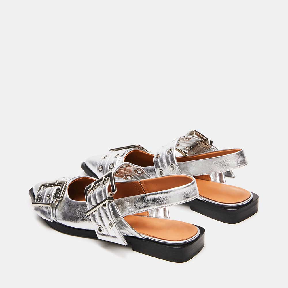 Silver Metallic Finish Pointed-Toe Slingback Flats with Buckles