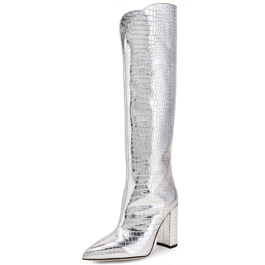 Silver Chunky Heel Croco Embossed Pointed Toe Knee High Boots
