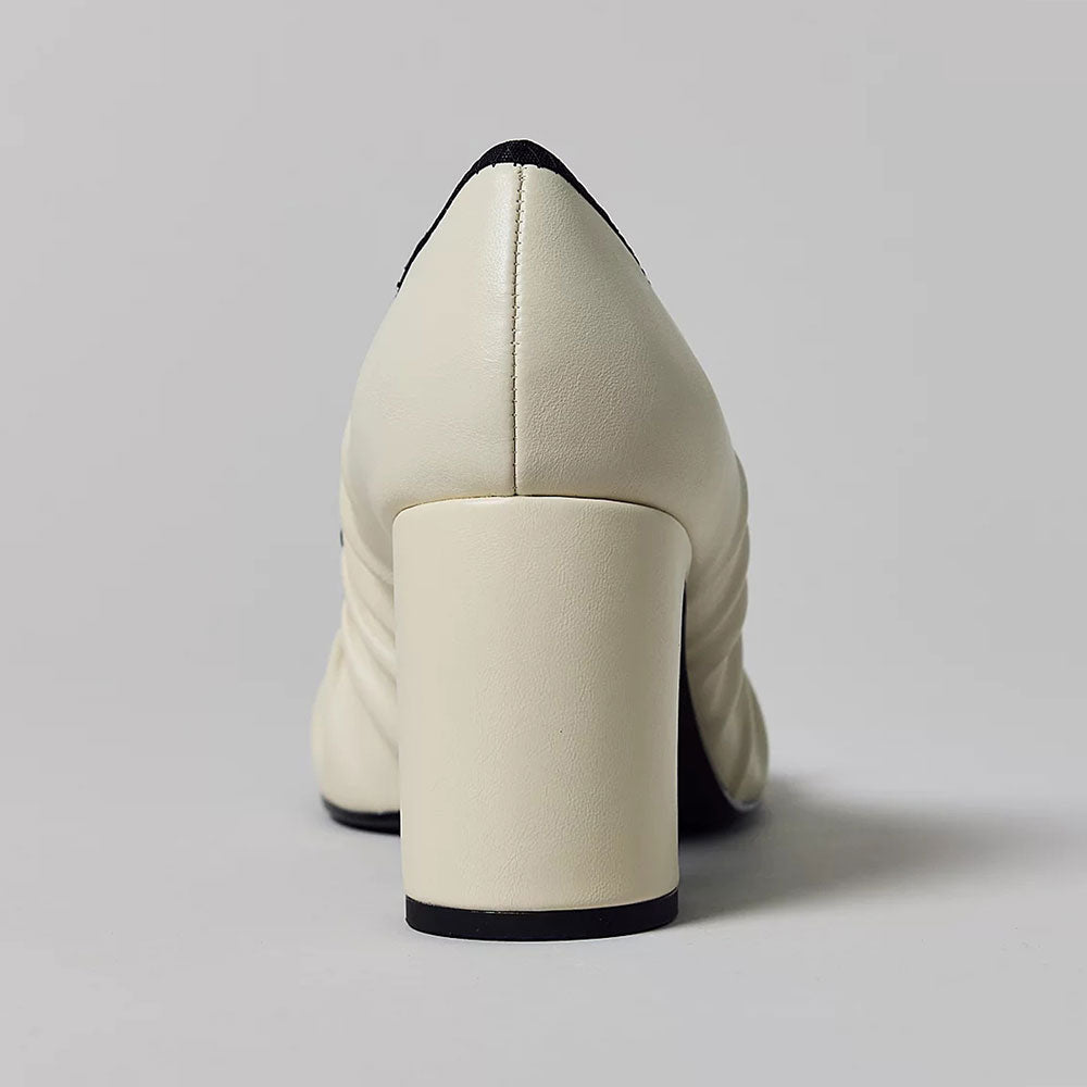 Classic Ivory Square Toe Chunky Heel Pleated Pumps Shoes with Bow