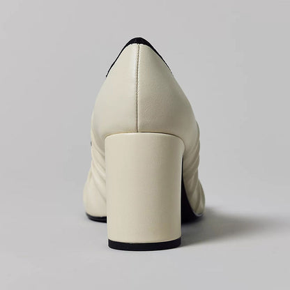 Classic Ivory Square Toe Chunky Heel Pleated Pumps Shoes with Bow