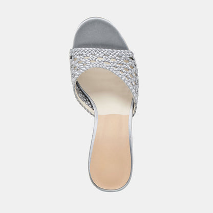 Chic Gray Woven Detail Open Round Toe Mule Block Heel Sandals