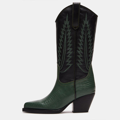 Black & Green Croco Embossed Pointed Toe Mid-Calf Cowgirl Boots