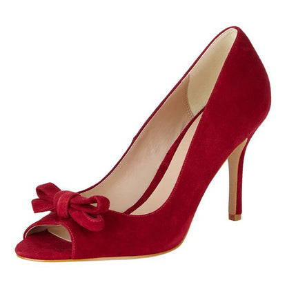 Women's Red Vegan Suede Bow Heels Fashion Peep Toe Pumps Shoes