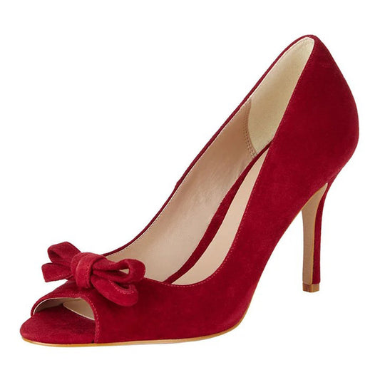 Women's Red Vegan Suede Bow Heels Fashion Peep Toe Pumps Shoes