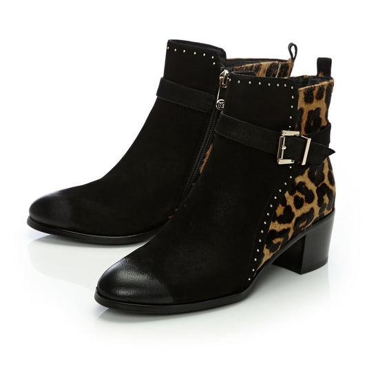 Black & Brown Leopard Print Ankle Boots Round Toe Studs Booties
