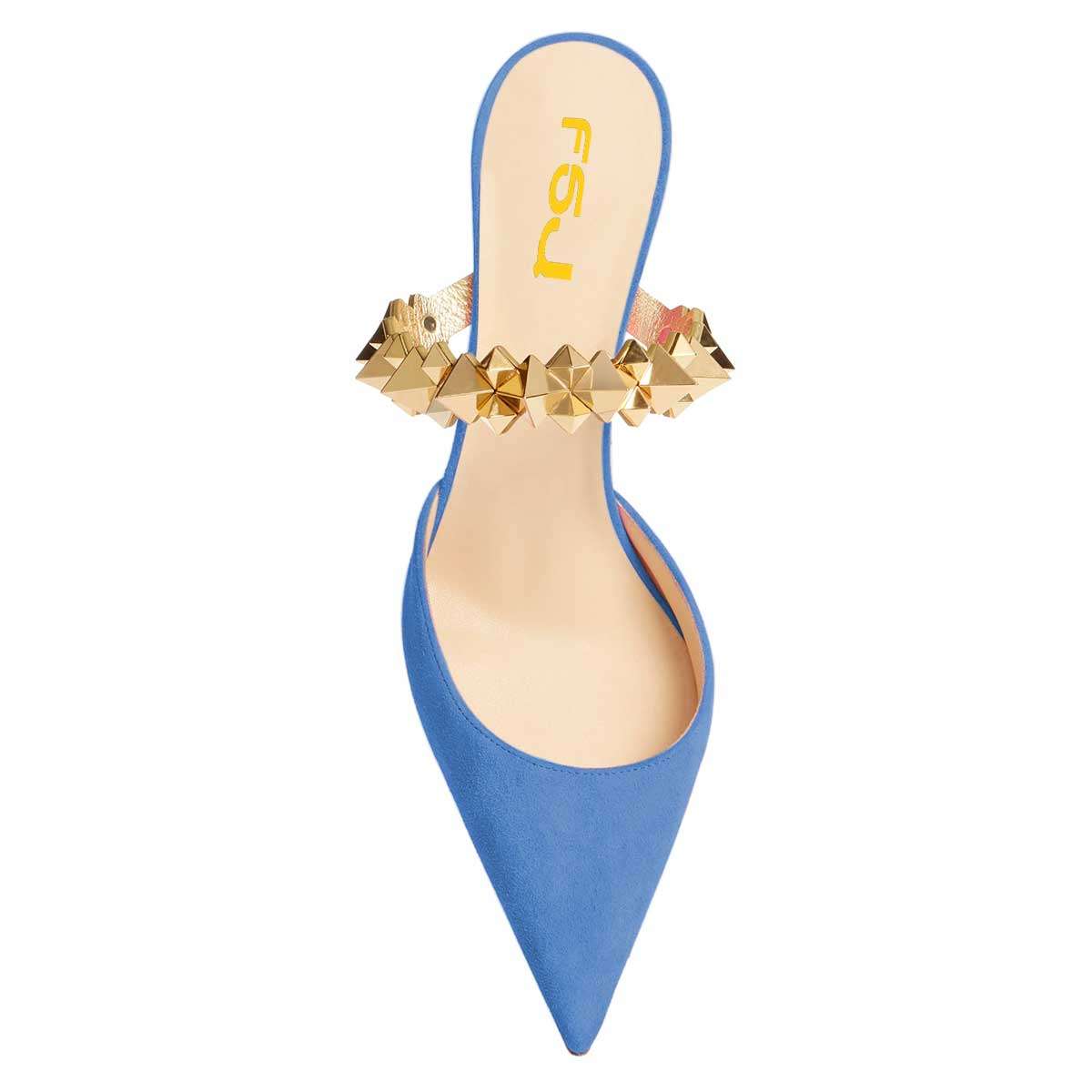 Women's Blue Vegan Suede Pointed Toe Crystal Block Heel Mules