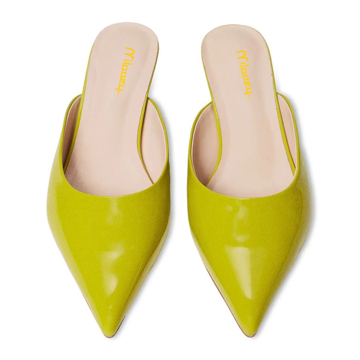 Women's Lemon Green Vegan Leather Low Heel Pointy Toe Mules Shoes