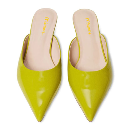 Women's Lemon Green Vegan Leather Low Heel Pointy Toe Mules Shoes