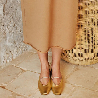 Women's Gold Metallic Finish Square Toe Rhinestone Trim Strap Flats