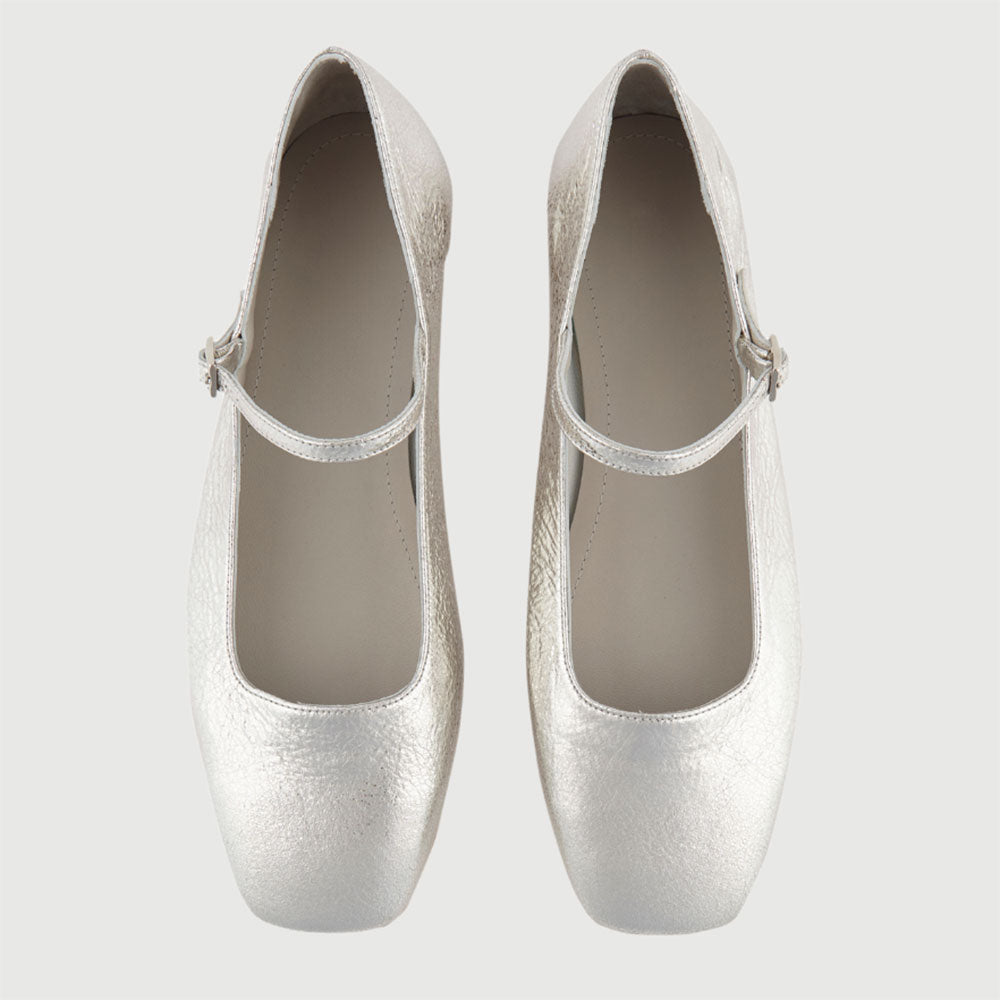 Silver Vegan Leather Distressed Square Toe Buckle Strap Ballet Flats