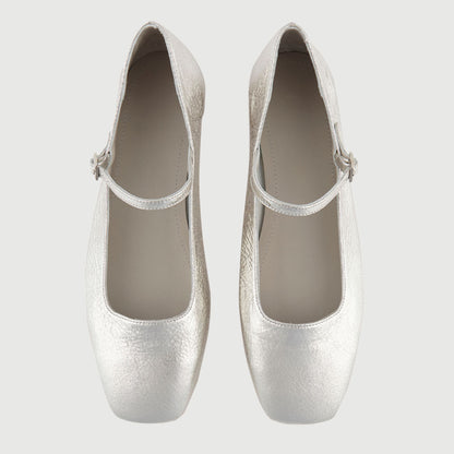 Silver Vegan Leather Distressed Square Toe Buckle Strap Ballet Flats