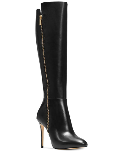 Black Almond Toe Side Zip Stiletto Heel Knee High Boots