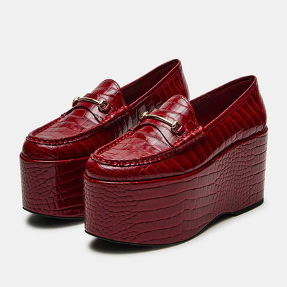 Red Crocodile Embossed Metal Strap Round Toe High Platform Loafers