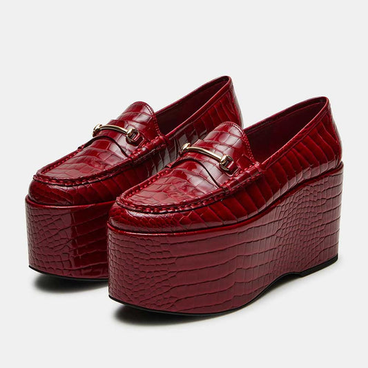 Red Crocodile Embossed Metal Strap Round Toe High Platform Loafers