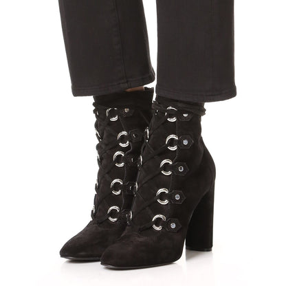 Black Lace Up Booties Chunky Heel Women's Closed Toe Ankle Boots