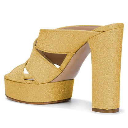 Yellow Glitter Platform Mules Peep Toe Chunky Heels
