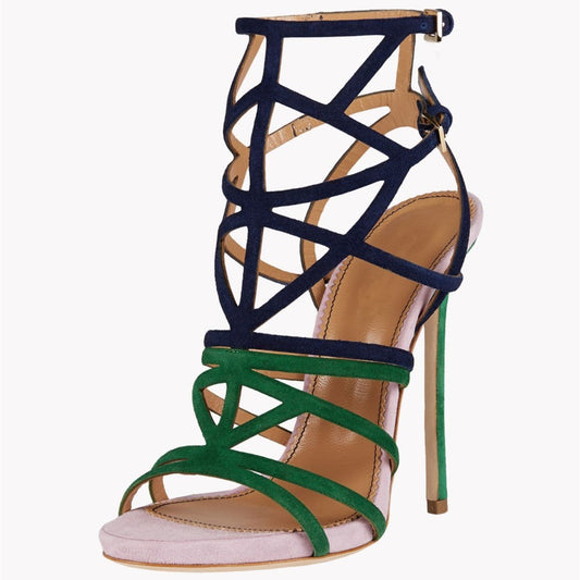 Women's Green and Navy Caged Strappy High Heel Sandals