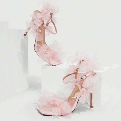 Light Pink Square Toe Ankle Strap Stiletto Heel Lace Wedding Sandals