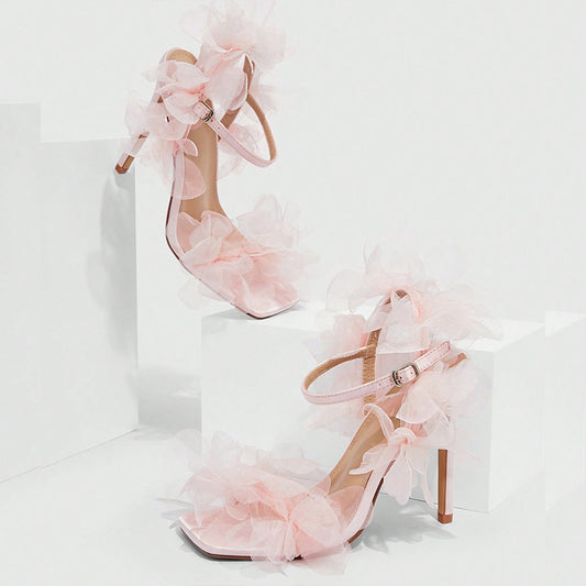 Light Pink Square Toe Ankle Strap Stiletto Heel Lace Wedding Sandals