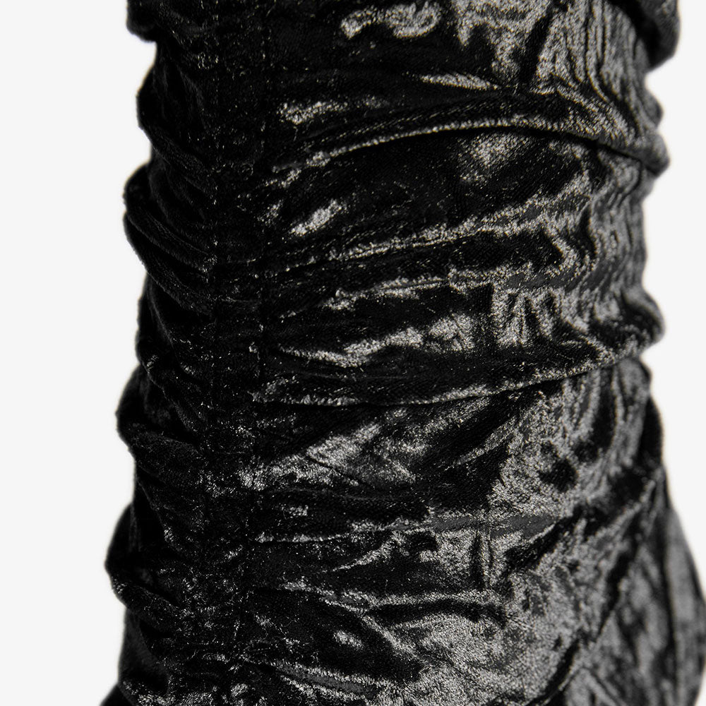 Simple Black Velvet Pointed Toe Spool Heel Pleated Sock Booties