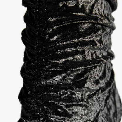 Simple Black Velvet Pointed Toe Spool Heel Pleated Sock Booties