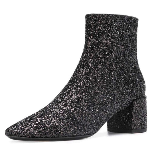 Black Glitter Closed Toe Chunky Heel Ankle Boots