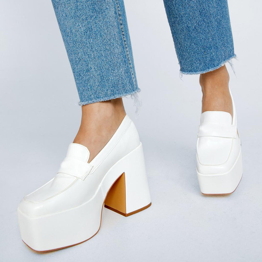 White Square Toe Chunky Heel Slip-On Platform Loafers