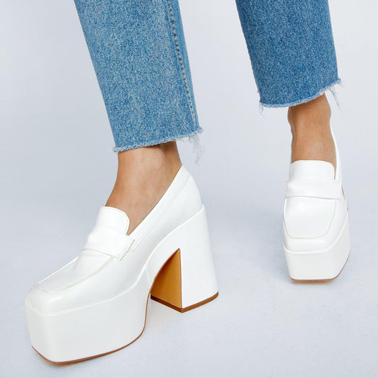 White Square Toe Chunky Heel Slip-On Platform Loafers