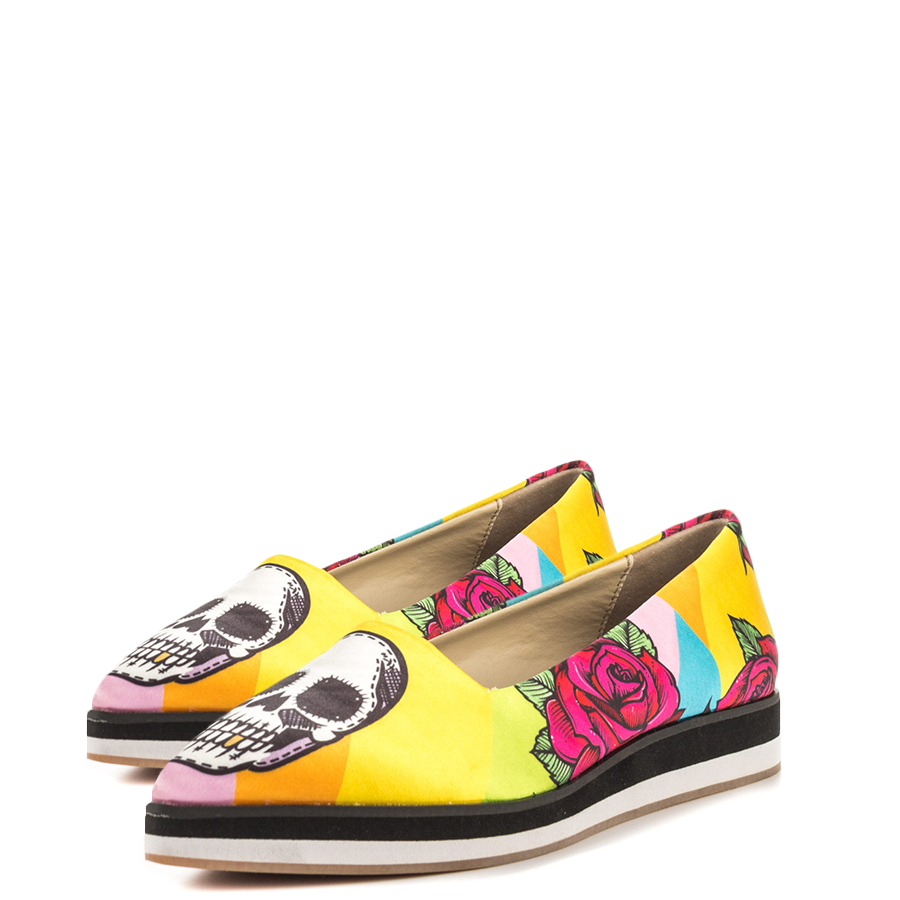 Multicolor Skull & Flower Print Pointed Toe Casual Flats for Women