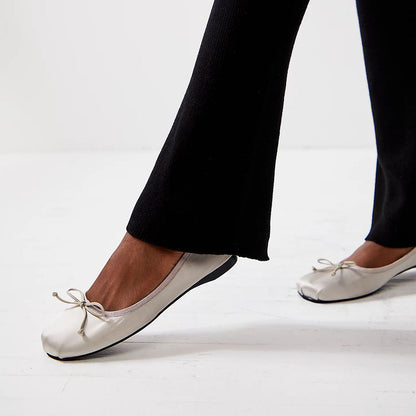 Elegant Light Grey Satin Round Toe Bow Ballet Flats for Women
