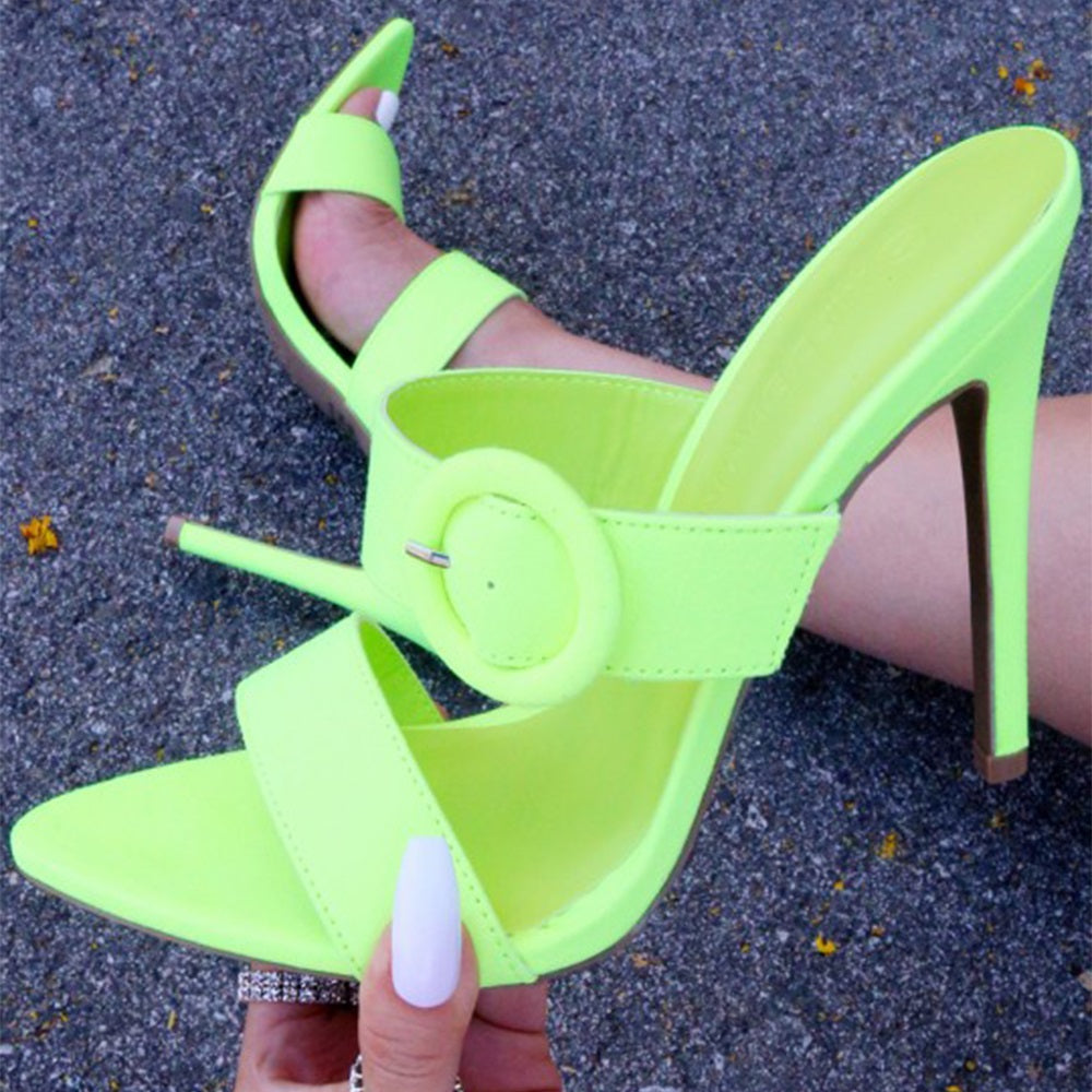 Women's Neon Green Buckle Stiletto Heel Mules Sandals