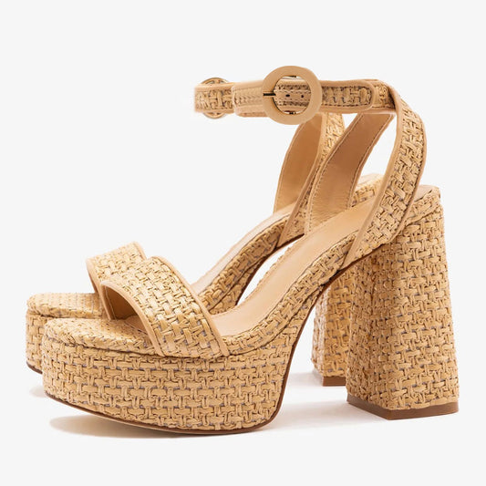 Nude Raffia Woven Ankle Strap Open Toe Platform Sandals for Women