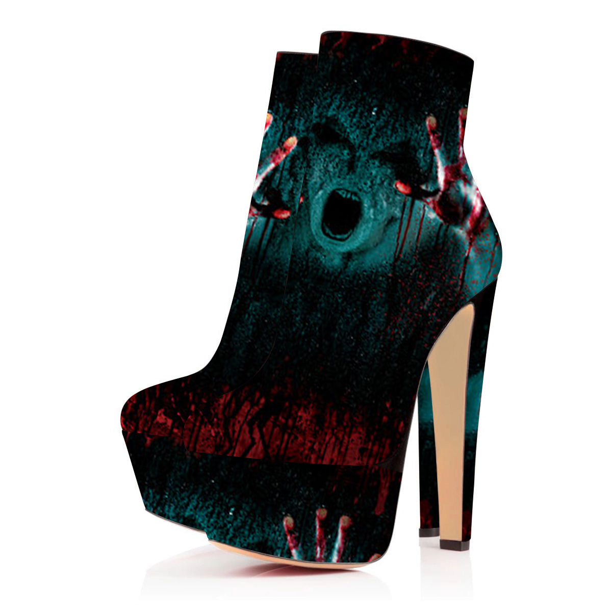 Black Ghost Print High Heel Platform Ankle Boots for Halloween