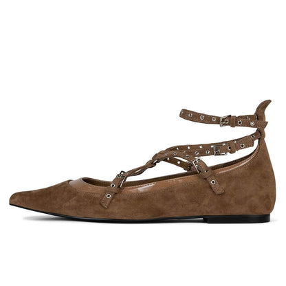 Brown Pointed Toe Buckle Strappy Ballet Flats with Bow