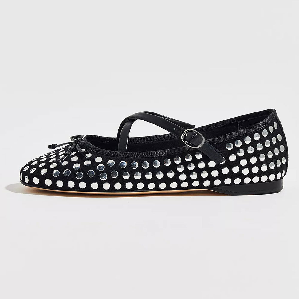 Black Round Toe Studded Fashion Ballet Flats with Straps