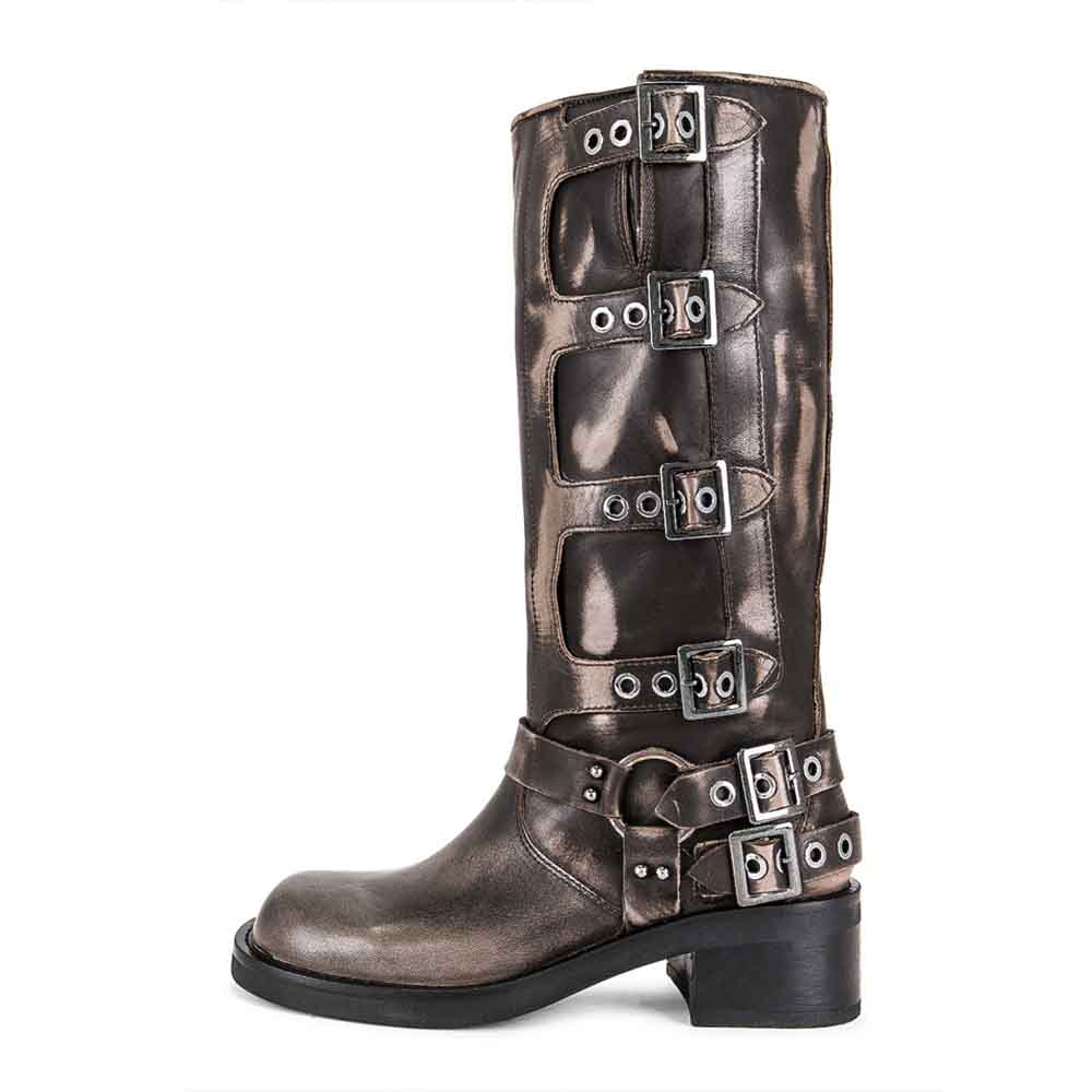 Black Square Toe Chunky Heel Buckled Knee High Boots
