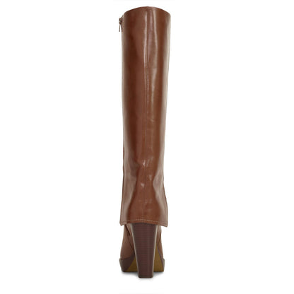 Brown Pointed Toe Fold-over Platform Knee High Boots with Block Heel