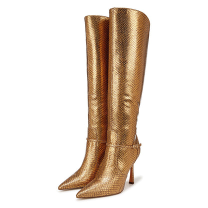Python Embossed Pointy Toe Buckle Strap Knee High Boots in Gold