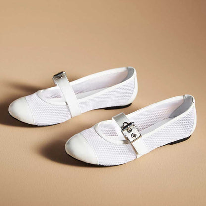 Women's White Mesh Buckle Fastening Studded Strap Comfy Ballet Flats