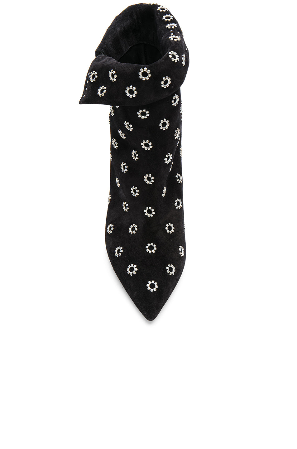 Black Grommets Embellished Pointed Toe Cone Heel Fold-over Ankle Boots