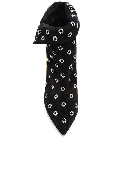 Black Grommets Embellished Pointed Toe Cone Heel Fold-over Ankle Boots