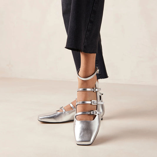 Shiny Silver Square Toe Strappy Flats Buckled Mary Jane Shoes
