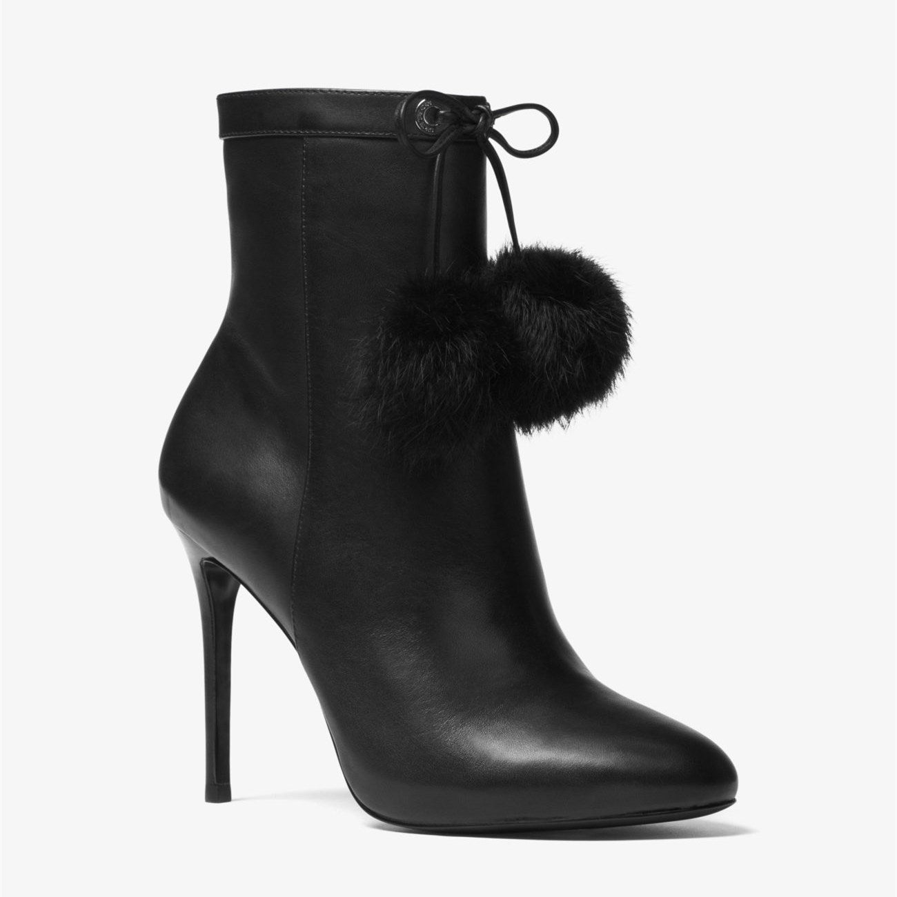 Black Stiletto Heels Pom Poms Lace Up Pointed Toe Ankle Boots