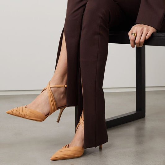 Nude Ruched Front Pointed Toe Crisscross Straps Pumps Heels for Women