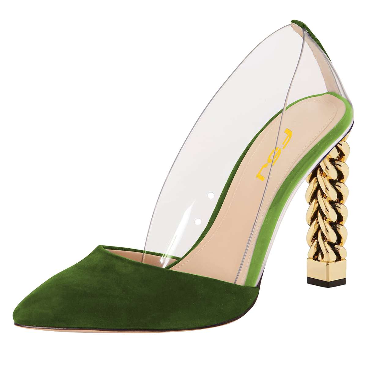 Women's Green transparent PVC Vegan Suede Chunky Heels Pumps by FSJ