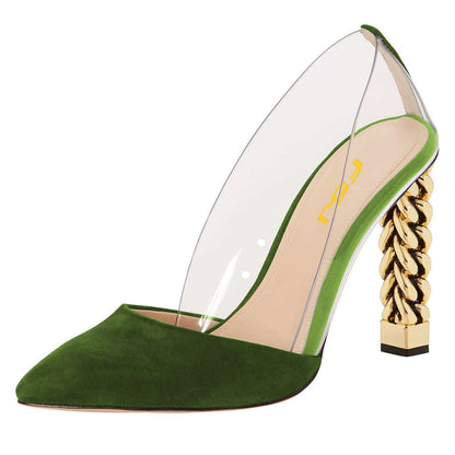 Women's Green transparent PVC Vegan Suede Chunky Heels Pumps by FSJ