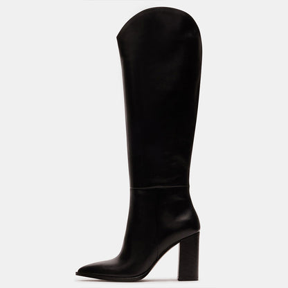 Black Pointed Toe Chunky Heel Fashion Knee High Boots for Women
