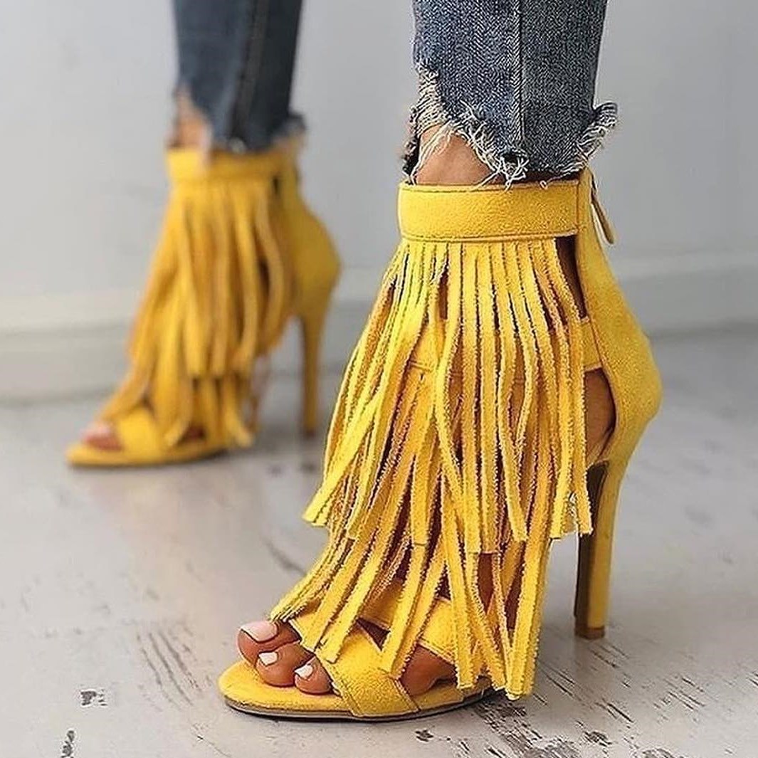 Yellow Vegan Suede Fringe Ankle Strap Stiletto Heeled Sandals
